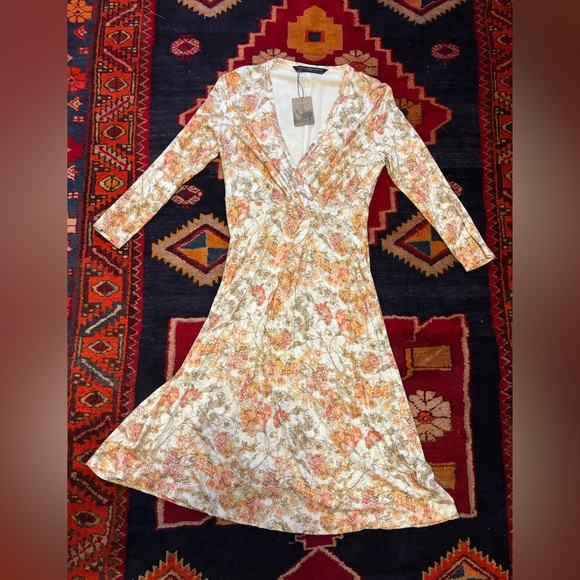 Peruvian Connection Dresses & Skirts - Peruvian Connection Floral Long Sleeve Dress - Cream and Orange